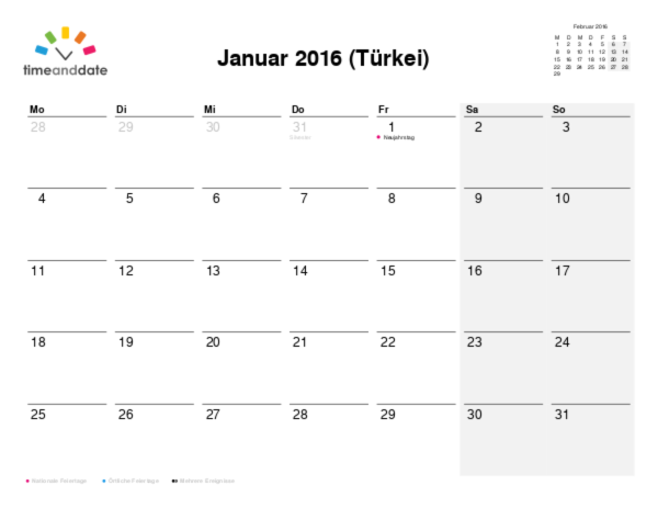 Kalender für 2016 in Türkei
