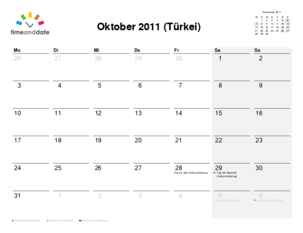 Kalender für 2011 in Türkei