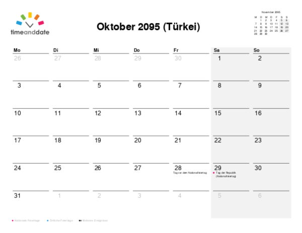 Kalender für 2095 in Türkei