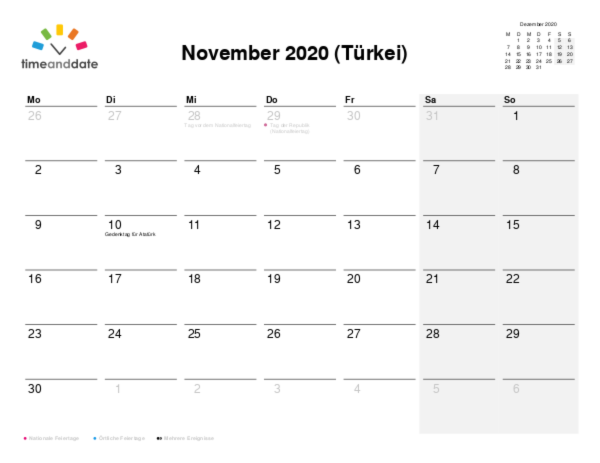 Kalender für 2020 in Türkei