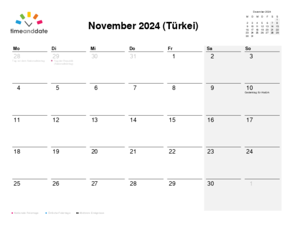 Kalender für 2024 in Türkei