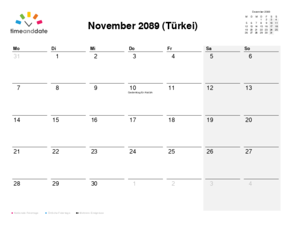 Kalender für 2089 in Türkei