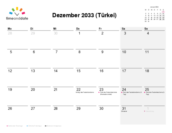 Kalender für 2033 in Türkei