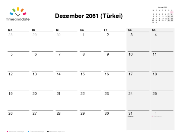 Kalender für 2061 in Türkei