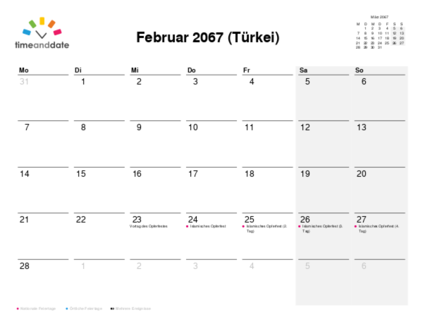 Kalender für 2067 in Türkei