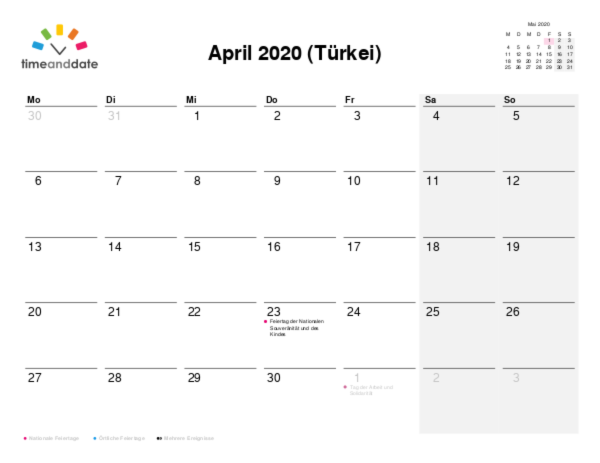 Kalender für 2020 in Türkei