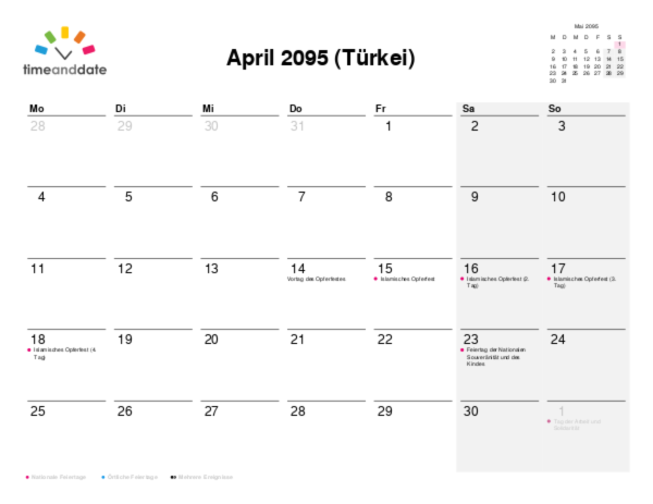 Kalender für 2095 in Türkei