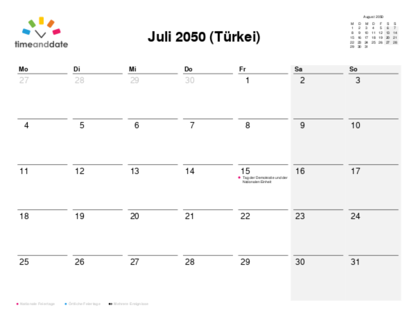 Kalender für 2050 in Türkei