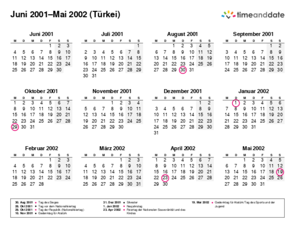 Kalender für 2001 in Türkei