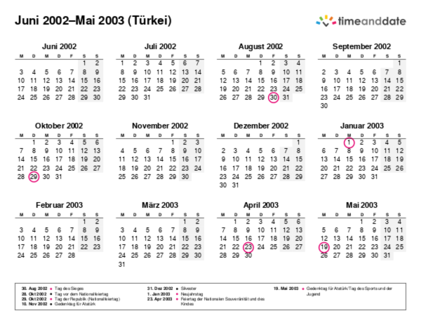 Kalender für 2002 in Türkei