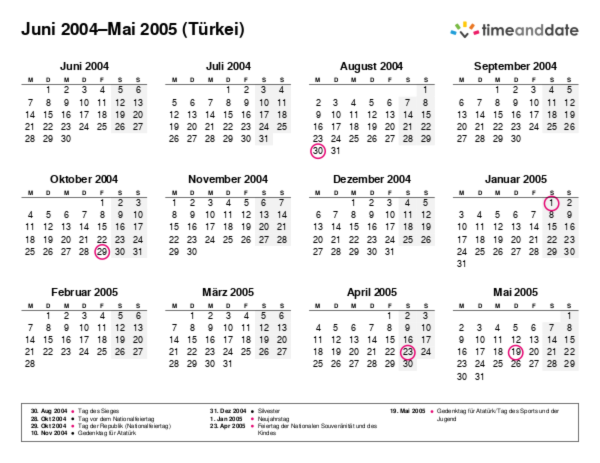 Kalender für 2004 in Türkei