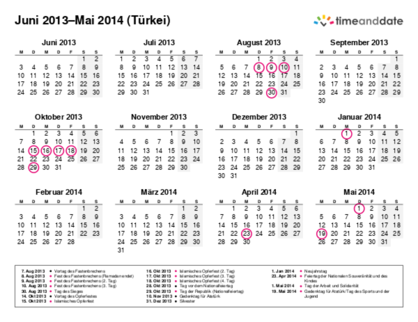 Kalender für 2013 in Türkei
