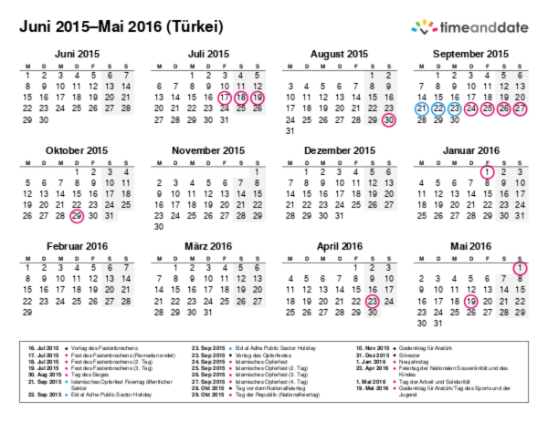 Kalender für 2015 in Türkei