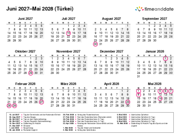 Kalender für 2027 in Türkei