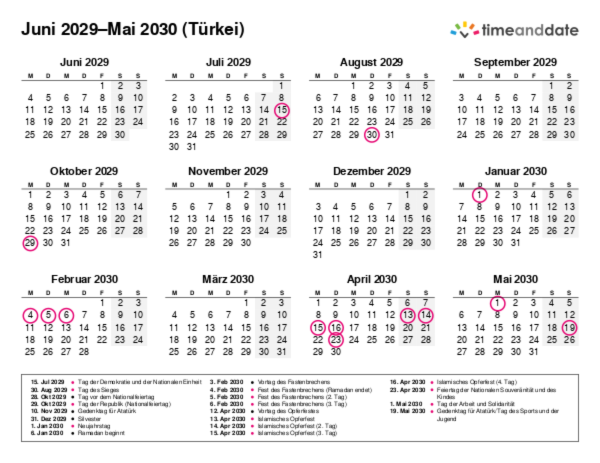 Kalender für 2029 in Türkei