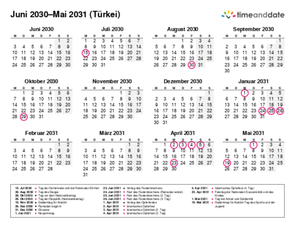 Kalender für 2030 in Türkei