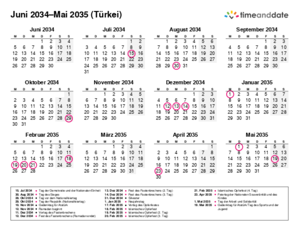 Kalender für 2034 in Türkei