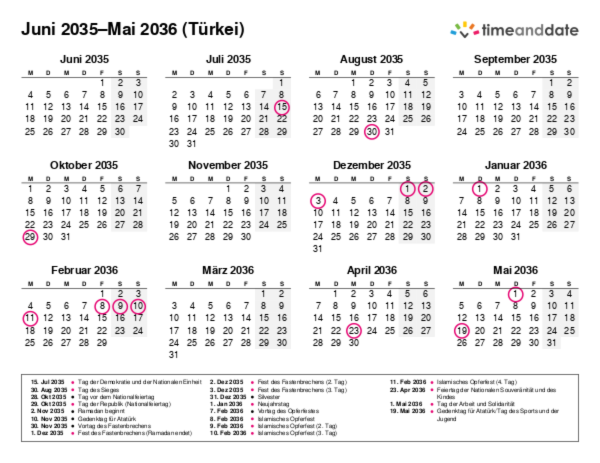 Kalender für 2035 in Türkei