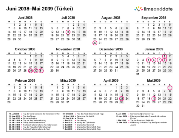 Kalender für 2038 in Türkei