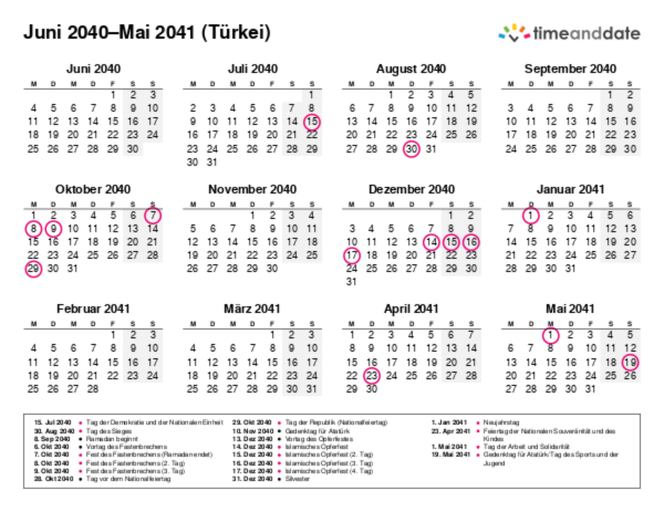 Kalender für 2040 in Türkei