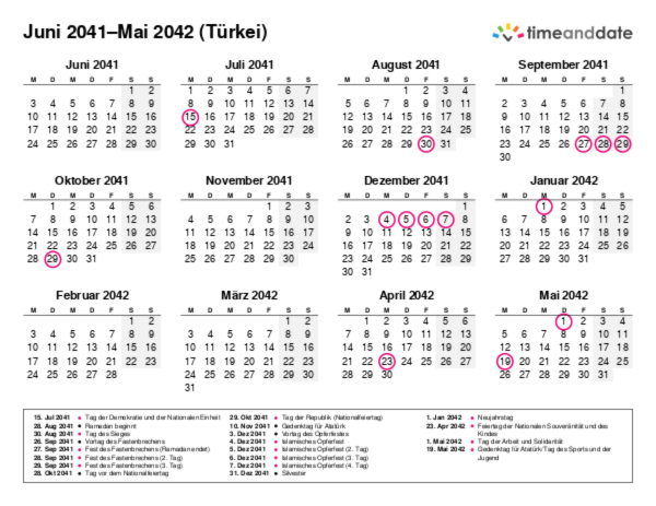 Kalender für 2041 in Türkei