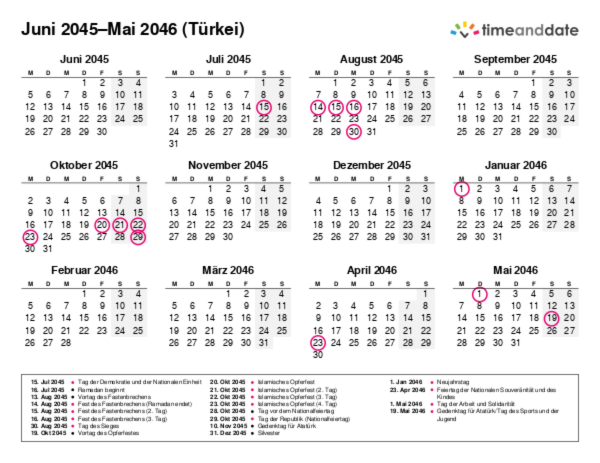 Kalender für 2045 in Türkei