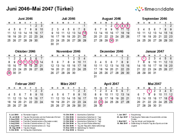 Kalender für 2046 in Türkei