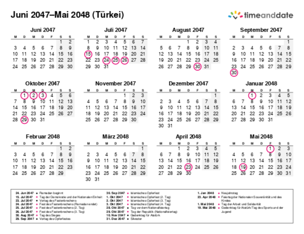 Kalender für 2047 in Türkei