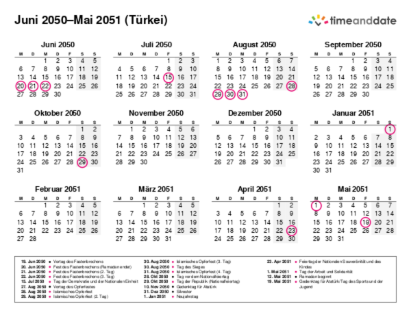 Kalender für 2050 in Türkei