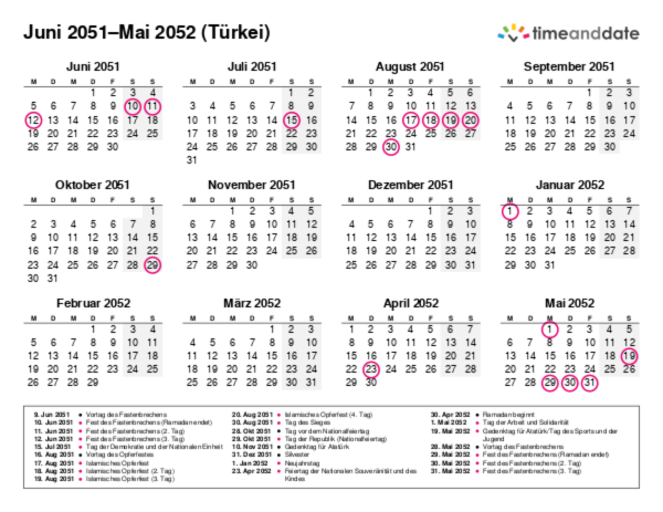 Kalender für 2051 in Türkei