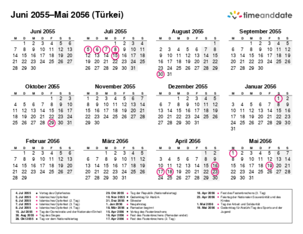 Kalender für 2055 in Türkei