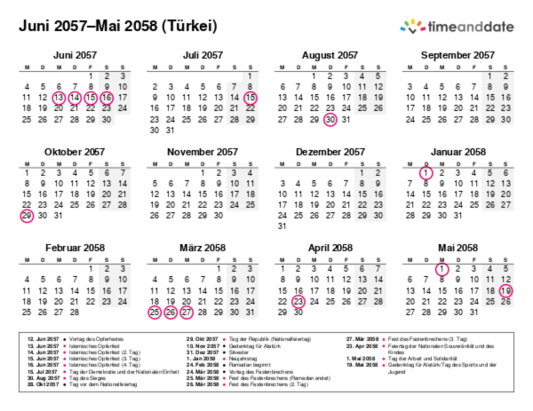 Kalender für 2057 in Türkei