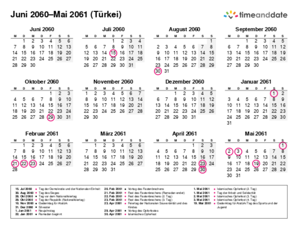Kalender für 2060 in Türkei