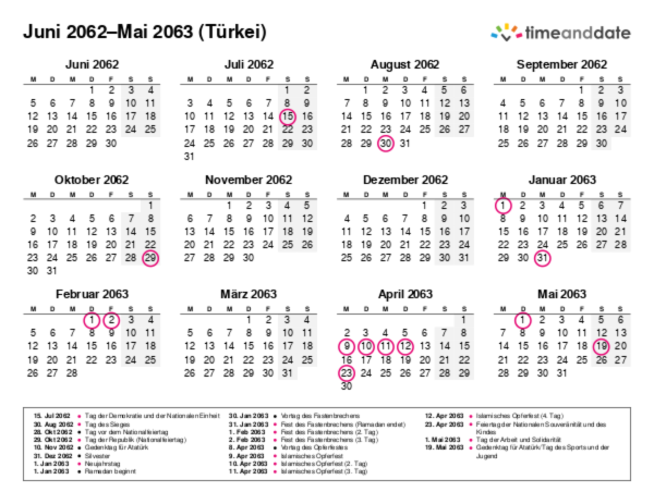 Kalender für 2062 in Türkei