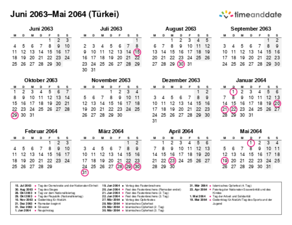 Kalender für 2063 in Türkei