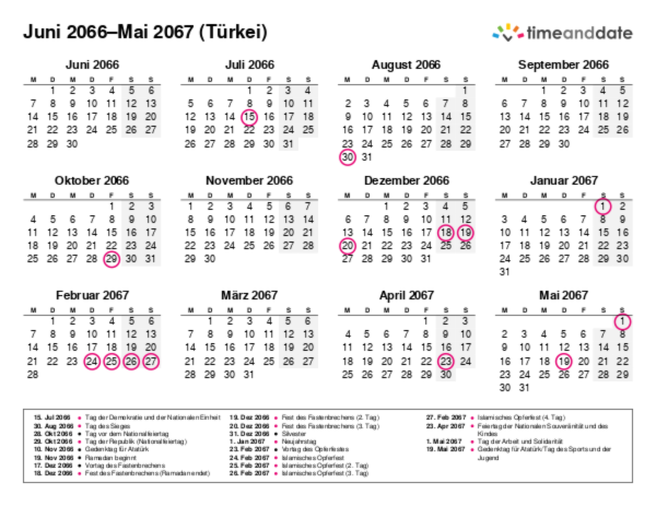 Kalender für 2066 in Türkei
