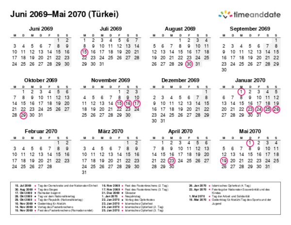 Kalender für 2069 in Türkei