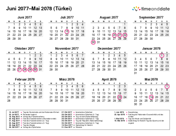 Kalender für 2077 in Türkei