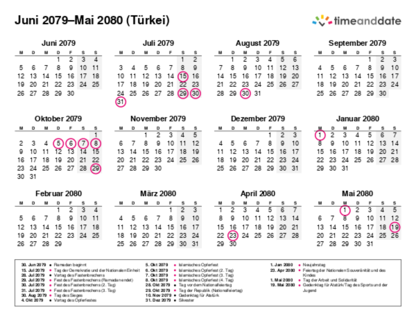 Kalender für 2079 in Türkei