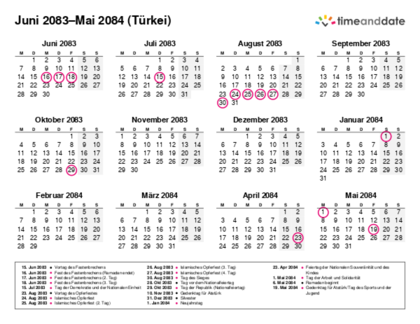 Kalender für 2083 in Türkei