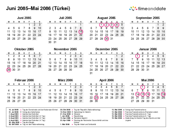 Kalender für 2085 in Türkei