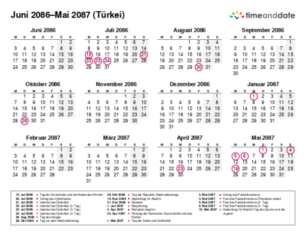 Kalender für 2086 in Türkei