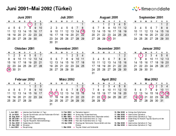 Kalender für 2091 in Türkei