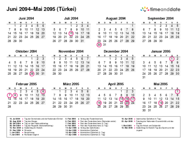 Kalender für 2094 in Türkei