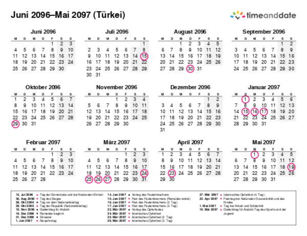 Kalender für 2096 in Türkei