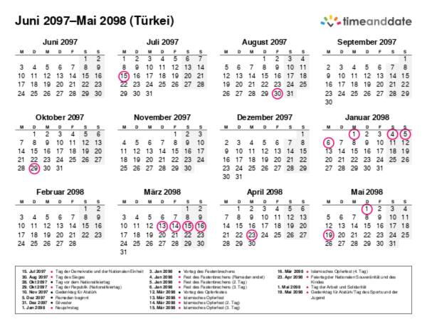 Kalender für 2097 in Türkei
