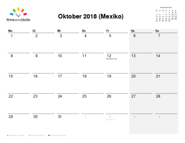 Kalender für 2018 in Mexiko
