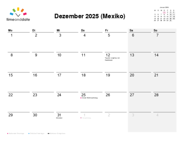Kalender für 2025 in Mexiko