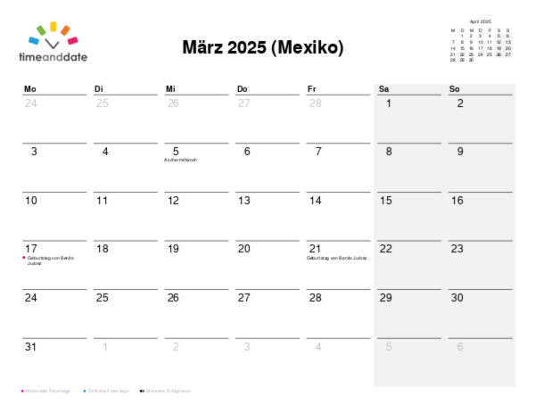 Kalender für 2025 in Mexiko