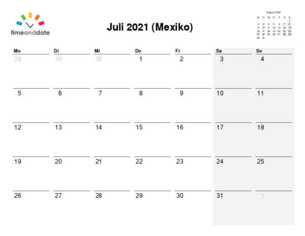 Kalender für 2021 in Mexiko